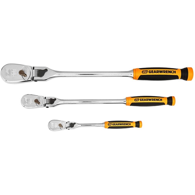 GearWrench 81298T 1/4", 3/8", & 1/2" Drive 90-Tooth Dual Material Locking Flex Head Ratchet Set 3-Piece