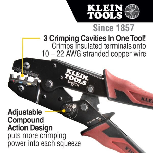 Klein 3005CR Ratcheting Crimper 10-22 AWG Insulated Terminals