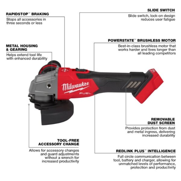 Milwaukee 2881-20 M18 FUEL 4-1/2" - 5" Grinder with Slide Switch, Lock-On - Tool Only
