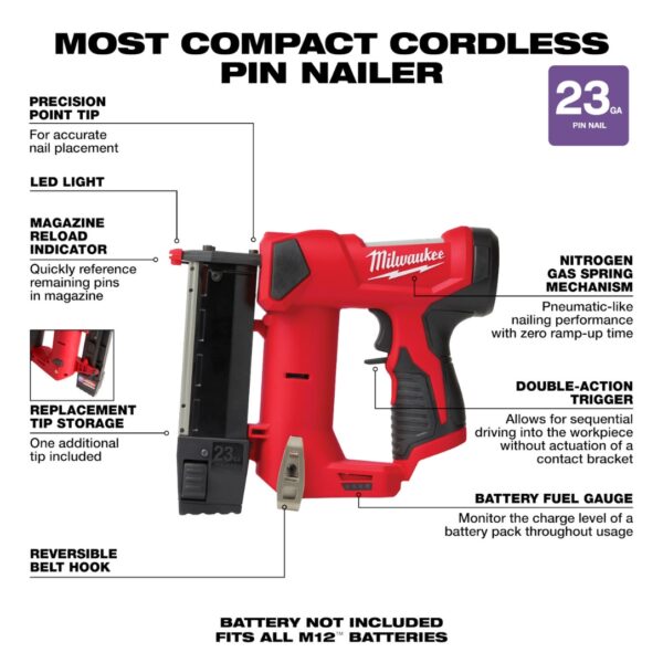 Milwaukee 2540-20 M12 23 Gauge Pin Nailer - Tool Only