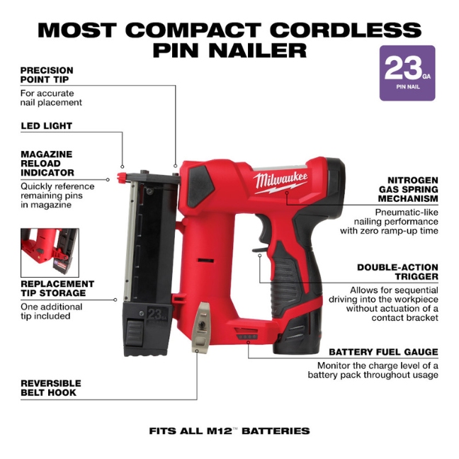 Milwaukee 254021 M12 23 Gauge Pin Nailer Kit BC Fasteners & Tools