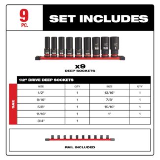 Milwaukee 49-66-7022 SHOCKWAVE IMPACT DUTY 1/2" Drive SAE 6-Point Deep Socket Set 9-Piece