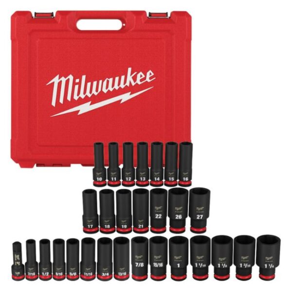 Milwaukee 49-66-7016 SHOCKWAVE IMPACT DUTY 1/2″ Drive 6-Point Metric and SAE Deep Socket Set 29-Piece