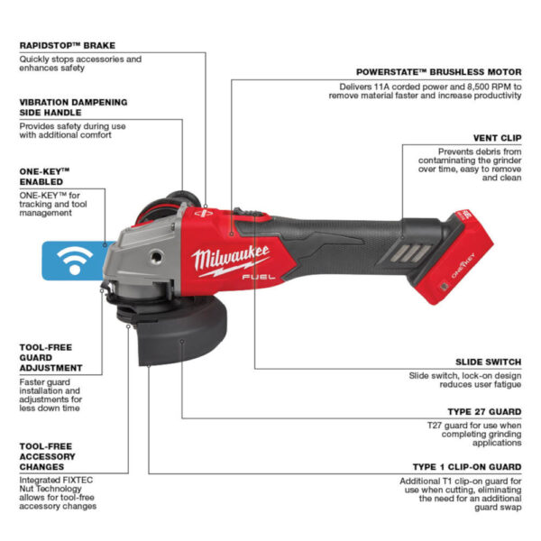Milwaukee 2883-20 M18 FUEL 4-1/2" - 5" Braking Grinder with ONE-KEY / Slide Switch / Lock-On - Tool Only