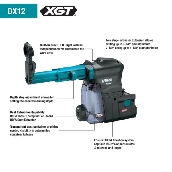 Makita DX12 Dust Extractor Attachment with HEPA Filter Cleaning Mechanism (1) Makita DX12 Dust Extractor Attachment with HEPA Filter Cleaning Mechanism