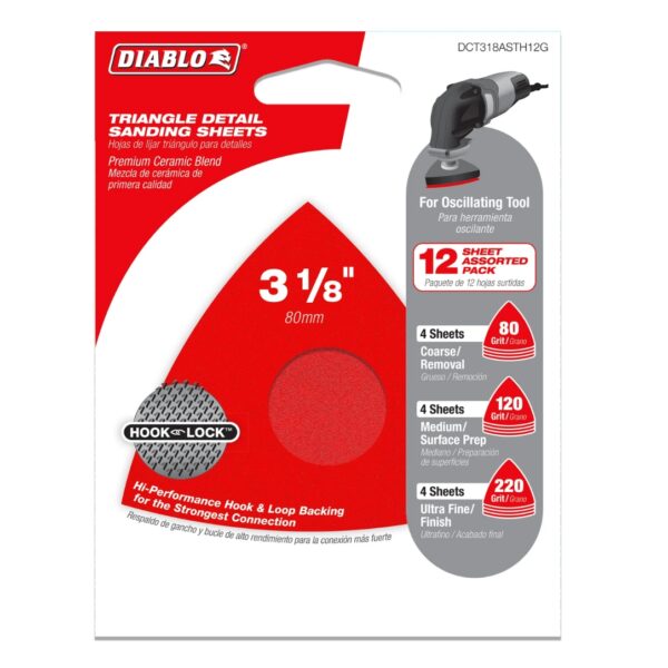 Diablo DCT318ASTH12G 3-1/8" Oscillating Detail Triangle Sanding Sheet Assorted Pack 12-Pieces