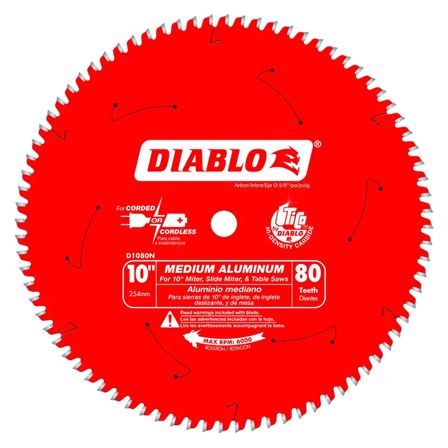 Diablo D1080N 10" x 80T x 5/8" Medium Aluminum Cutting Saw Blade