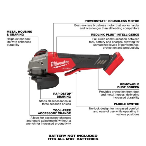 Milwaukee 2888-20 M18 FUEL 4-1/2" - 5" Braking Grinder Paddle Switch No-Lock - Tool Only