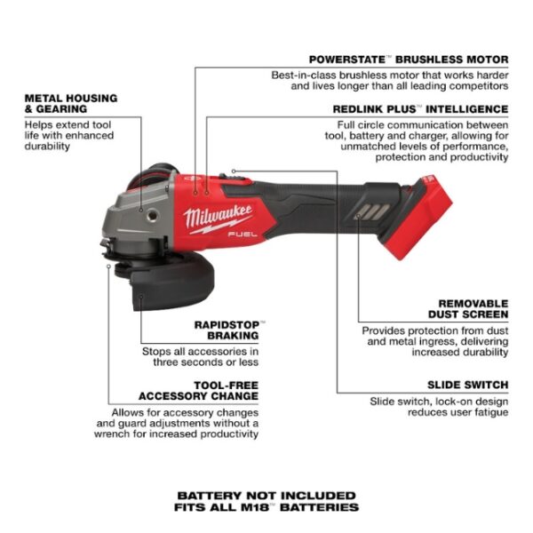 Milwaukee 2889-20 M18 FUEL 4-1/2" - 5" Braking Grinder with Slide Switch Lock-On - Tool Only