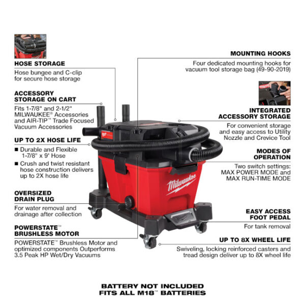 Milwaukee 0910-20 M18 FUEL 6 Gallon Wet/Dry Modular Vacuum-Tool Only