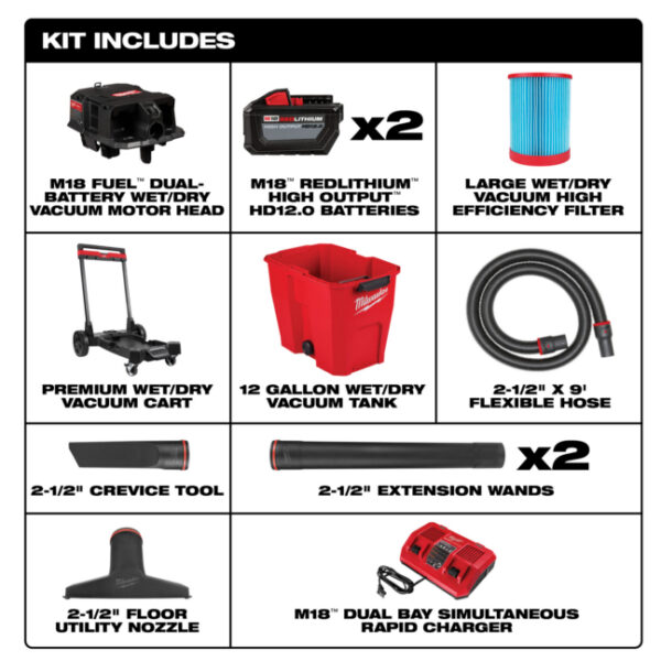 Milwaukee 0930-22HD M18 Fuel 12 Gallon Dual-Battery Wet Dry Vacuum Kit-2