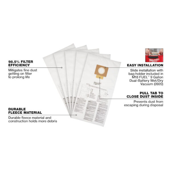 Milwaukee 49-90-1989 9 Gallon Wet/Dry Vacuum Fleece Dust Bag - 5Pk Milwaukee 49-90-1989 9 Gallon Wet/Dry Vacuum Fleece Dust Bag - 5Pk