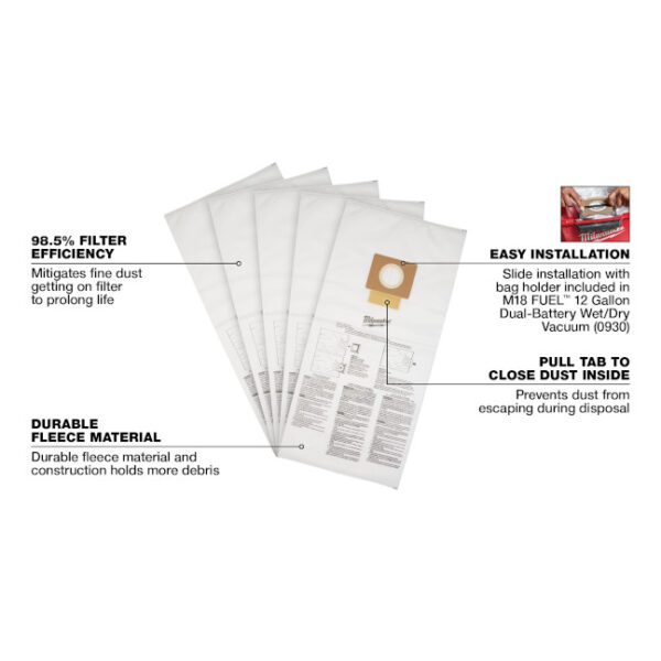 Milwaukee 49-90-1999 12 Gallon Wet/Dry Vacuum Fleece Dust Bag - 5Pk