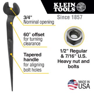 Klein 3219 Spud Wrench 3/4" Nominal Size 7/16" Square, 1/2" Regular and 3/4" U.S. Heavy Nuts