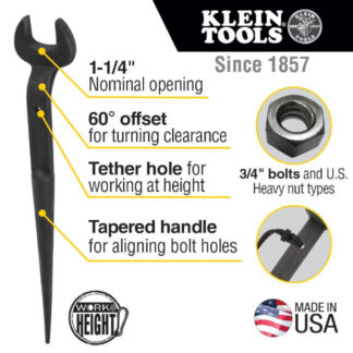 Klein 3212TT Spud Wrench 1-1/4" Nominal Size for 3/4" U.S. Heavy Nuts with Tether Hole