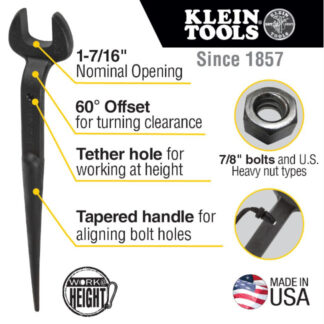 Klein 3213TT Spud Wrench 1-7/16" Nominal Size for 7/8" U.S. Heavy Nuts with Tether Hole