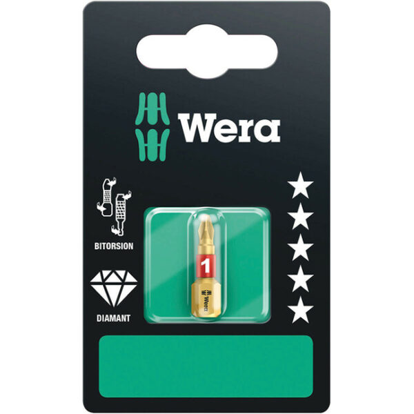 Wera 073332 851/1 BDC SB SiS Phillips Bi-Torsion Diamond Coated Driver Bit PH1 x 1" - Carded