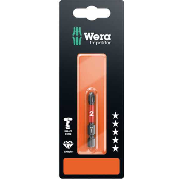 Wera 073956 851/4 IMP DC SB Phillips Impaktor Diamond Coated Driver Bit PH2 x 2" - Carded