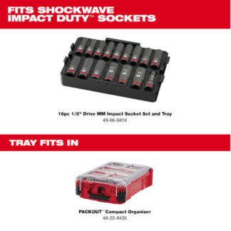 Milwaukee 49-66-6818 Packout Shockwave 1/2" Drive 16pc Metric Impact Socket Set Loaded Tray