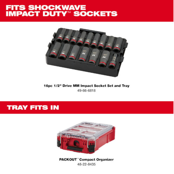 Milwaukee 49-66-6818 Packout Shockwave 1/2" Drive 16pc Metric Impact Socket Set Loaded Tray