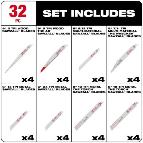 Milwaukee 49-22-1132 SAWZALL Demolition and Standard Blade Set 32-Piece
