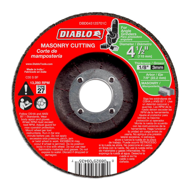 Diablo CDD045125701C 4-1/2" x 1/8" x 7/8" Type 27 Cut Off Grinder Wheel/Disc for Masonry Cutting