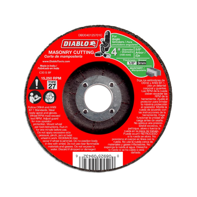 Diablo CDD040125701C 4" x 5/8" x 1/8" Type 27 Cut Off Grinder Wheel/Disc for Masonry Cutting