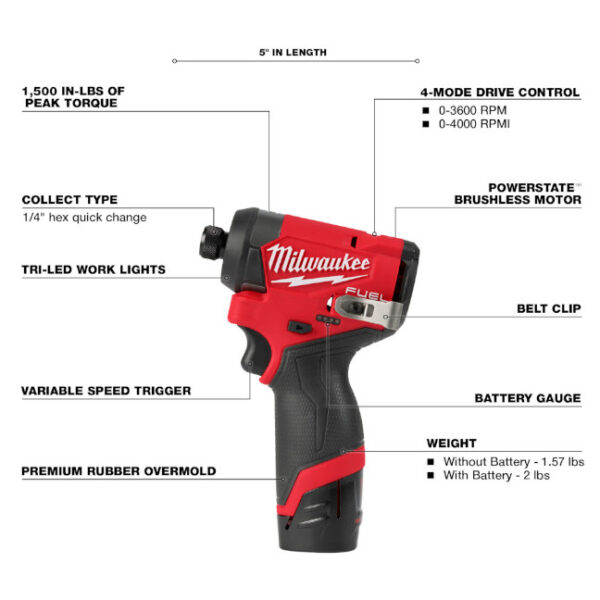 thumbnail image 2 of Milwaukee M12 Fuel 1/4" Hex Impact Driver - Protective Boot Included (Tool Only, No Battery) Model 49-16-3453 2 of 6
