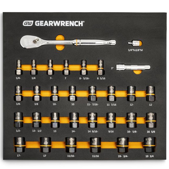 Gearwrench 86525 3/8" Drive 90T Ratchet and Bolt Biter Socket Set MM/SAE with EVA Foam Tray 31-Piece