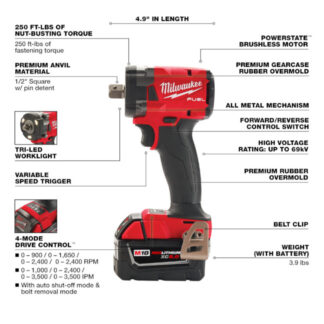 Milwaukee 2855P-22R M18 FUEL 1/2" Compact Impact Wrench Kit with Pin Detent