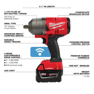 Milwaukee 2862-22R M18 FUEL 1/2" High Torque Impact Wrench with Pin Detent with ONE-KEY Kit