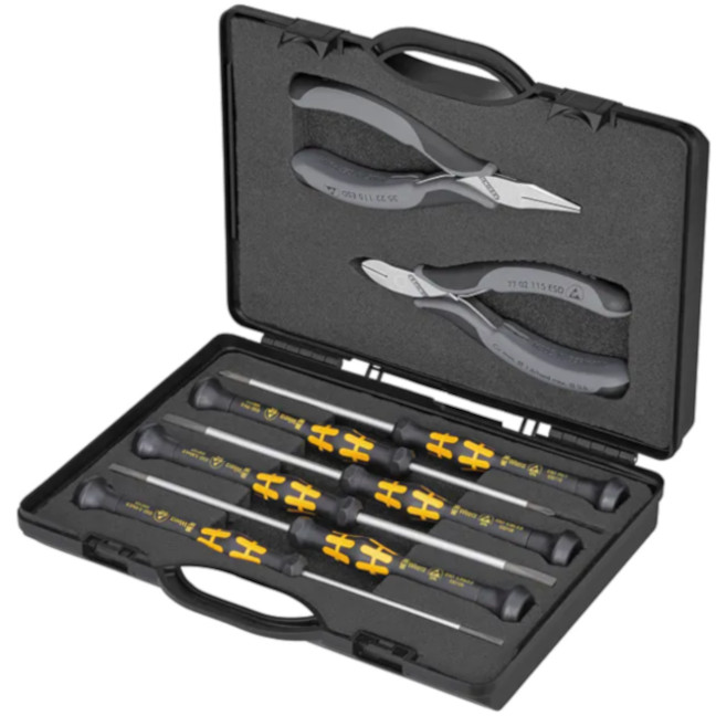 Knipex 002018ESD 8-Piece Electronics ESD Tool Set in Plastic Case with Moulded Foam