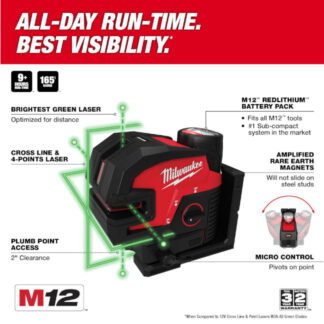 Milwaukee 3624-20 M12 12V Lithium-Ion Cordless Green Cross Line and 4-Points Laser - Tool Only