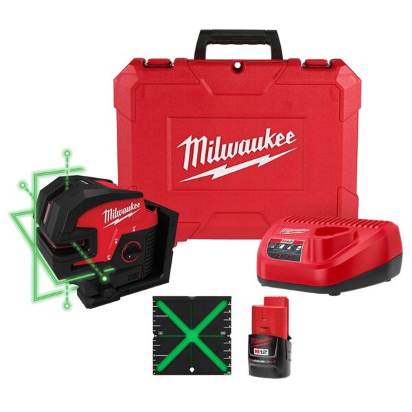 Milwaukee 3624-21 M12 12V Lithium-Ion Cordless Green Cross Line and 4-Points Laser Kit