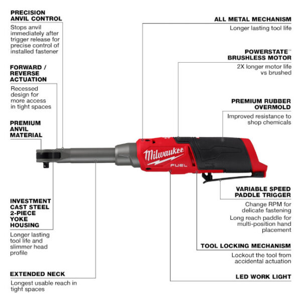 Milwaukee 2568-20 M12 FUEL 12V Lithium-Ion 1/4" Extended Reach High Speed Ratchet - Tool Only