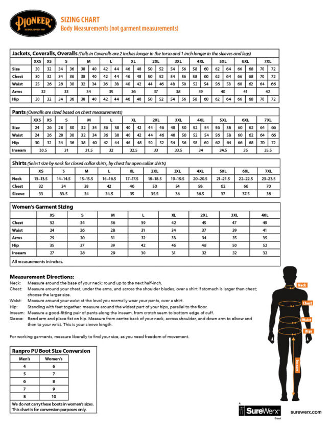 Sizing Chart for Pioneer Safety Wear BC Fasteners & Tools