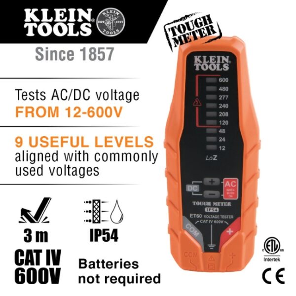 Klein ET60 12-600V Electronic AC/DC Voltage Tester: 12V to 600V AC/DC