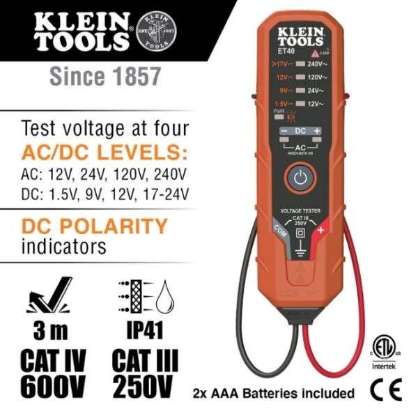 Copy of 648x648 (2).pdf - 2023-09-21T093524.463 Klein ET40 Digital AC/DC Voltage Tester: 12V to 240V AC and 1.5V to 24V DC