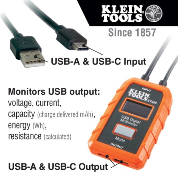 Klein ET920 USB Digital Meter (USB-A and USB-C)