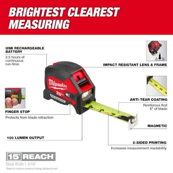 Milwaukee 48-22-0428 25ft Compact Wide Blade Magnetic Tape Measure with Rechargeable Light