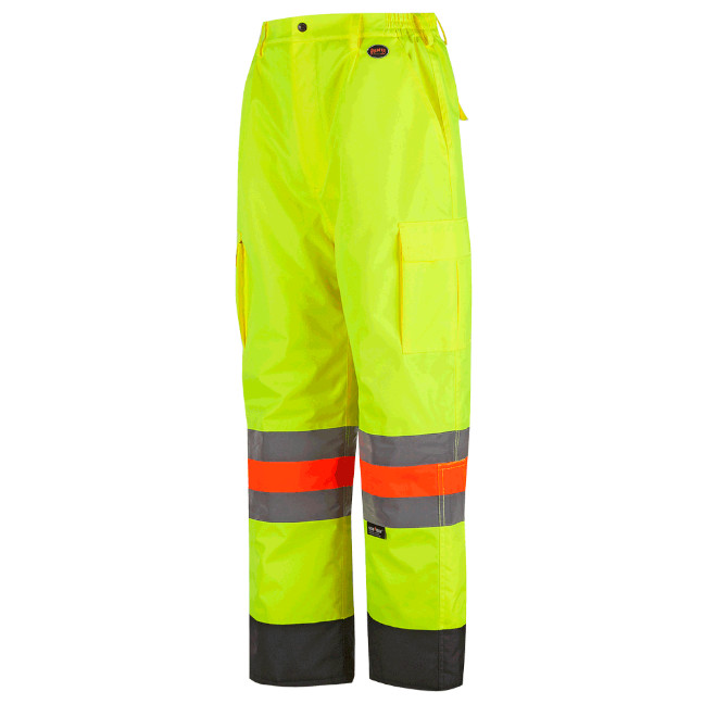 Hi-viz pants for roadwork flaggers, MTQ and CSA compliant.