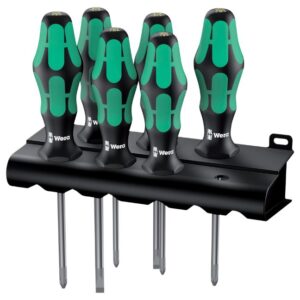 Wera 105622 335/350/355/6 Kraftform Plus Slotted/PH/PZ Lasertip Screwdriver Set and Rack 6-Piece