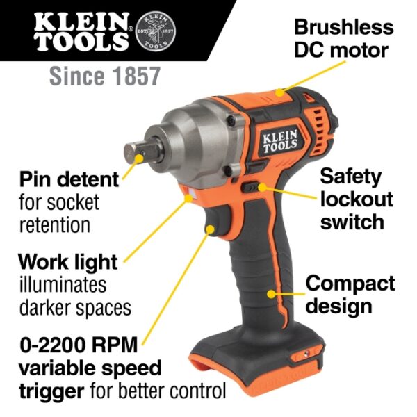 Klein BAT20CW 1/2" Drive Impact Wrench with Detent Pin - Tool Only