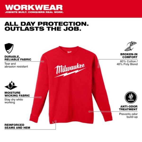 Milwaukee 608R Large Logo Long Sleeve Heavy Duty T-Shirt-Red