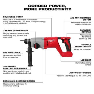 Milwaukee 2613-20 M18 1” SDS-Plus D-Handle Rotary Hammer-Tool Only