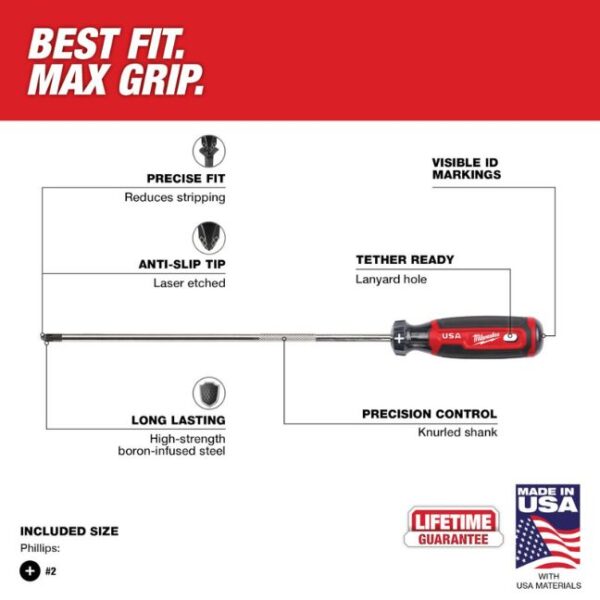 Milwaukee MT204 USA Made #2 Phillips x 10" Shank Cushion Grip Screwdriver