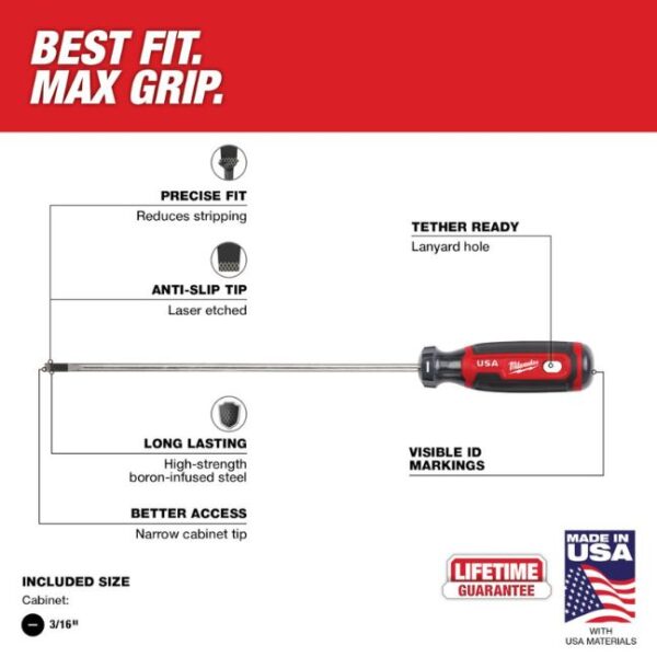 Untitled design - 2023-03-28T095534.831 Milwaukee MT213 USA Made 3/16" Cabinet Slotted x 8" Shank Cushion Grip Screwdriver