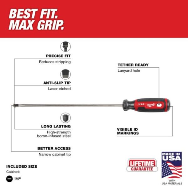 Milwaukee MT214 USA Made 1/4" Cabinet Slotted x 10" Shank Cushion Grip Screwdriver