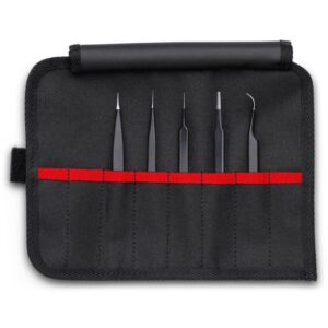Knipex 920001ESD Stainless Steel Tweezers - ESD Set in Tool Roll 5-Pieces