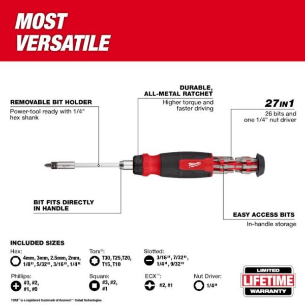 Milwaukee 48-22-2904 27-in-1 Multi-Bit Ratcheting Screwdriver - PH/SL/SQ/ECX/TX/HX